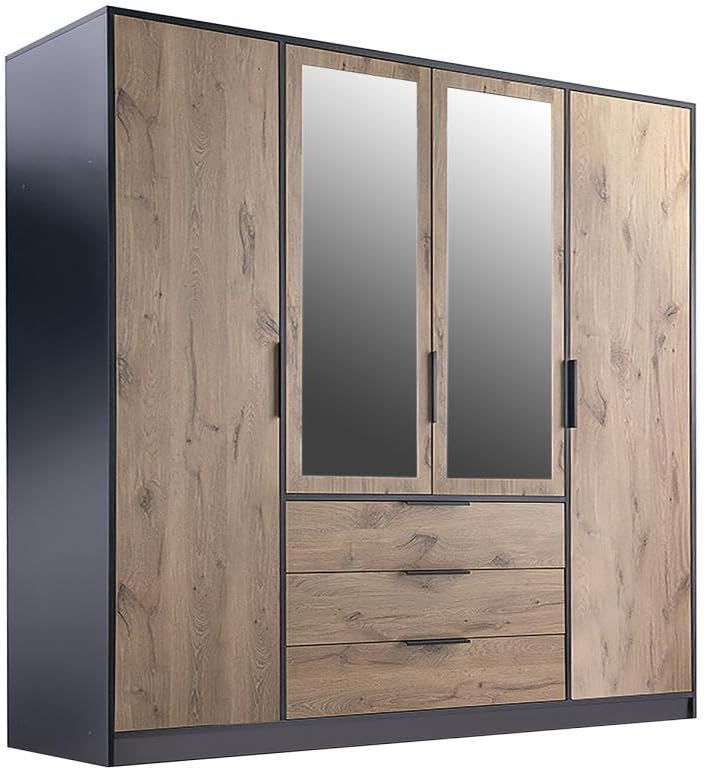 Armoire Vente-unique L196, L196 cm, avec miroirs, 4 Portes, 3 tiroirs, Coloris: Naturel et Noir, LAMIKI