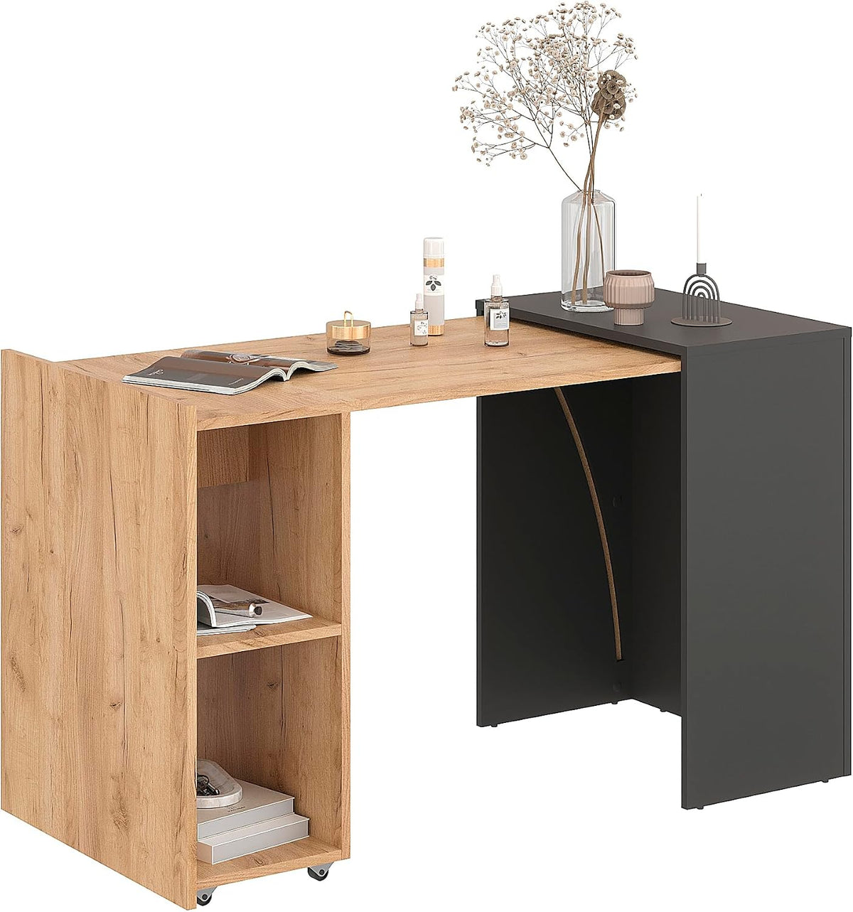 Bureau, 128 × 60 × 75 cm, Table Informatique PC avec 2 Étagères, Meuble Gain de Place pour Petit Espace, Komto, 60 × 36, 7 × 75 cm, pliable
