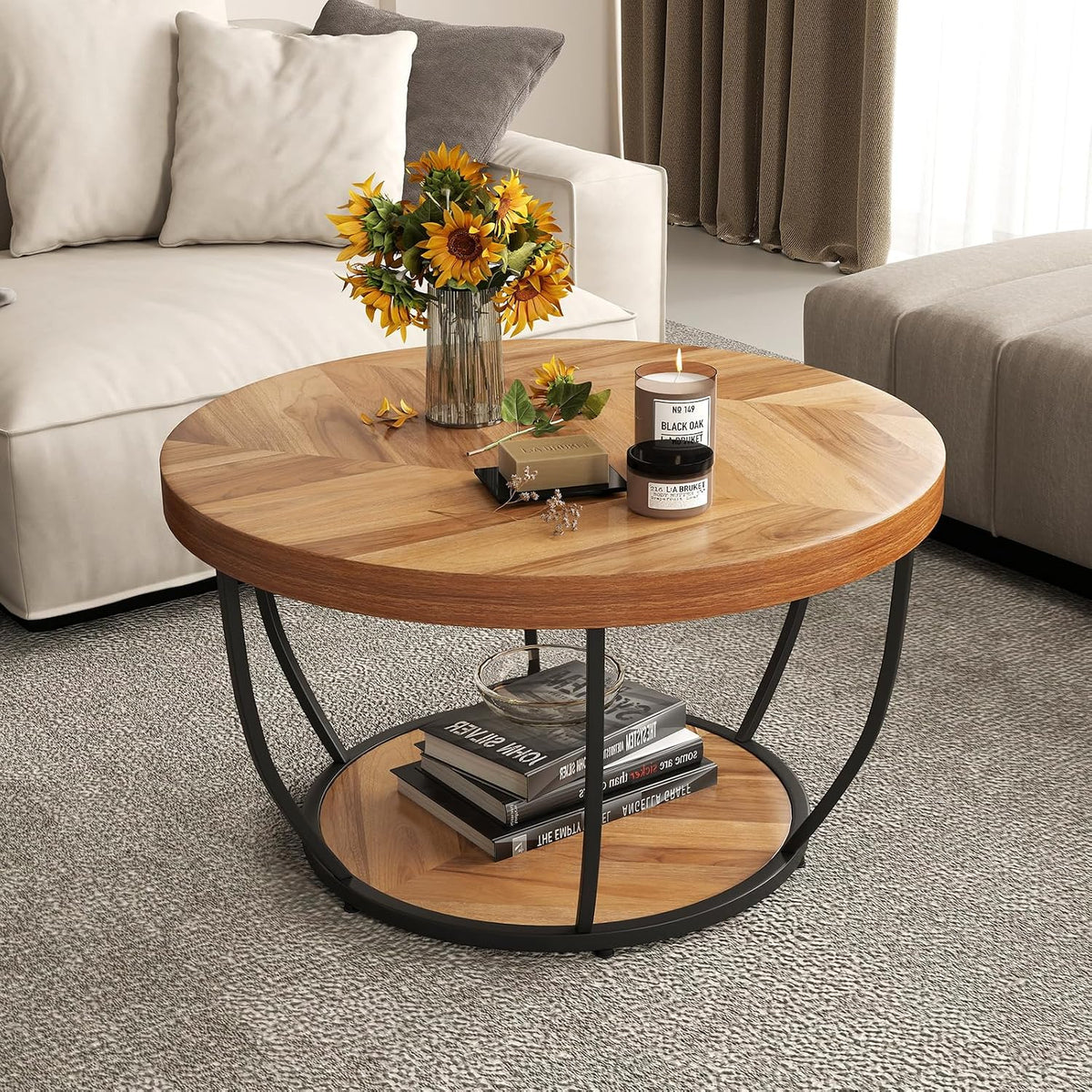 Table basse COSTWAY, Design Ronde Bois, 80 cm, réglable, 2 Niveaux, portable, Cadre en Métal, Plateau Épaissi, Industriel, Naturel