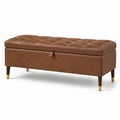 Banc de rangement en cuir synthétique brun avec pieds en bois