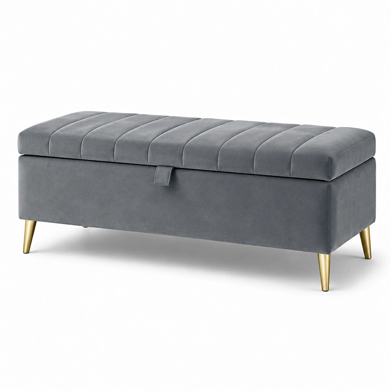 Banc de rangement en velours gris avec pieds en métal doré