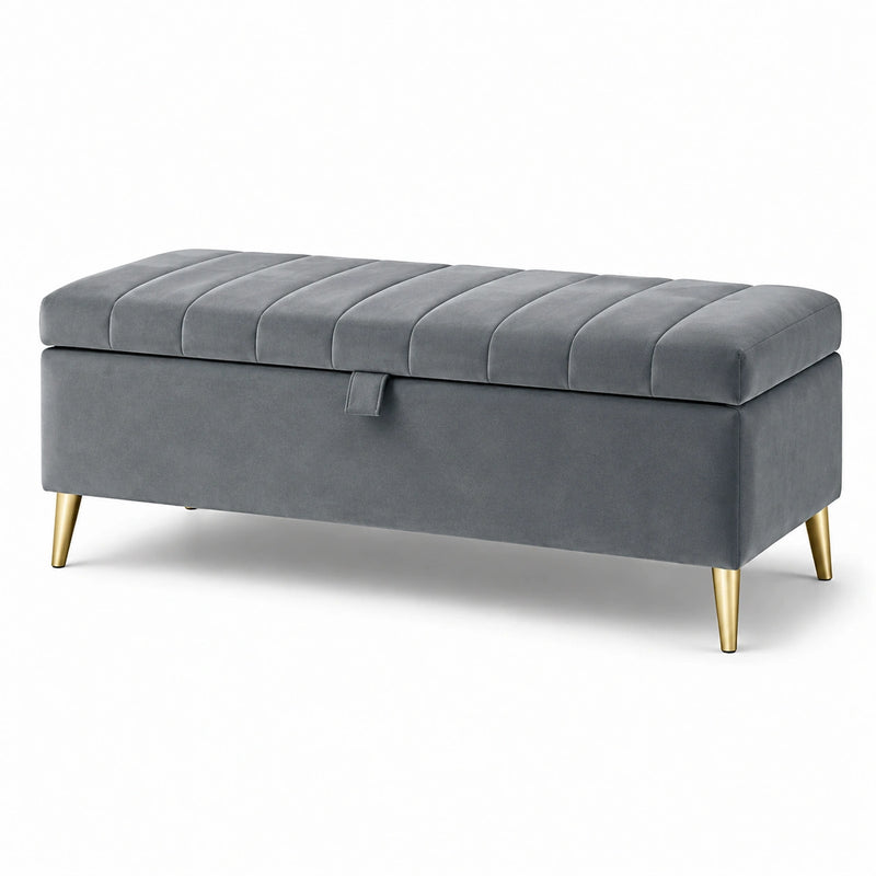 Banc de rangement en velours gris avec pieds en métal doré