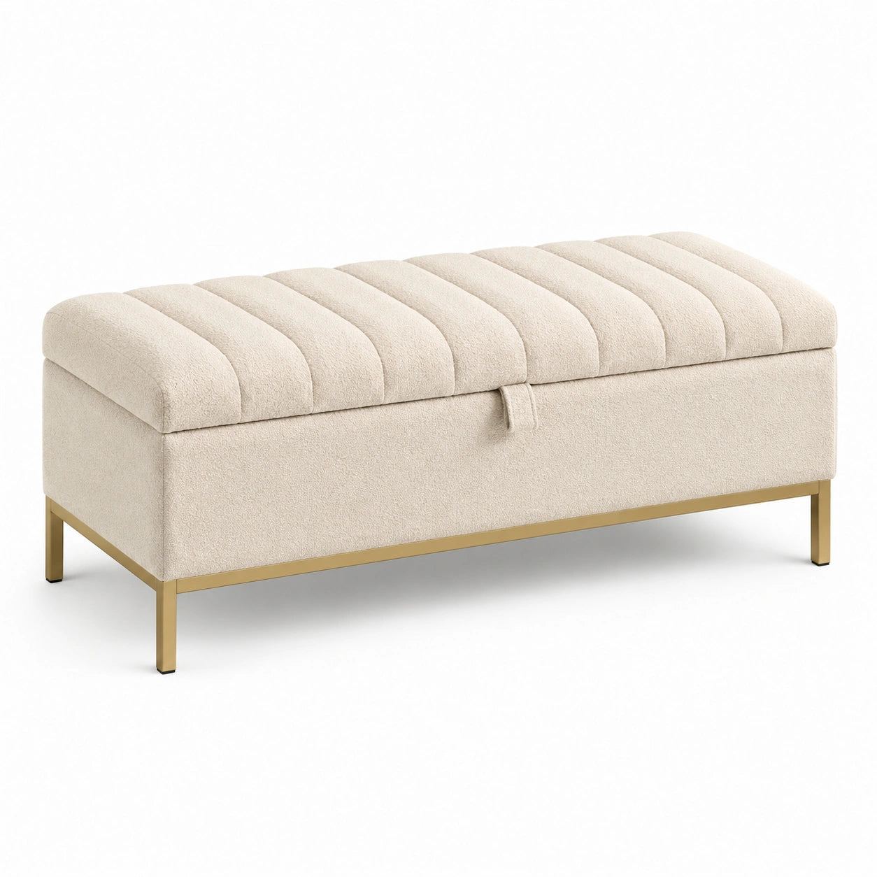 Coffre de rangement rectangulaire beige en tissu polyester et pieds en métal