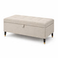 Banc de rangement en textile beige avec pieds en bois