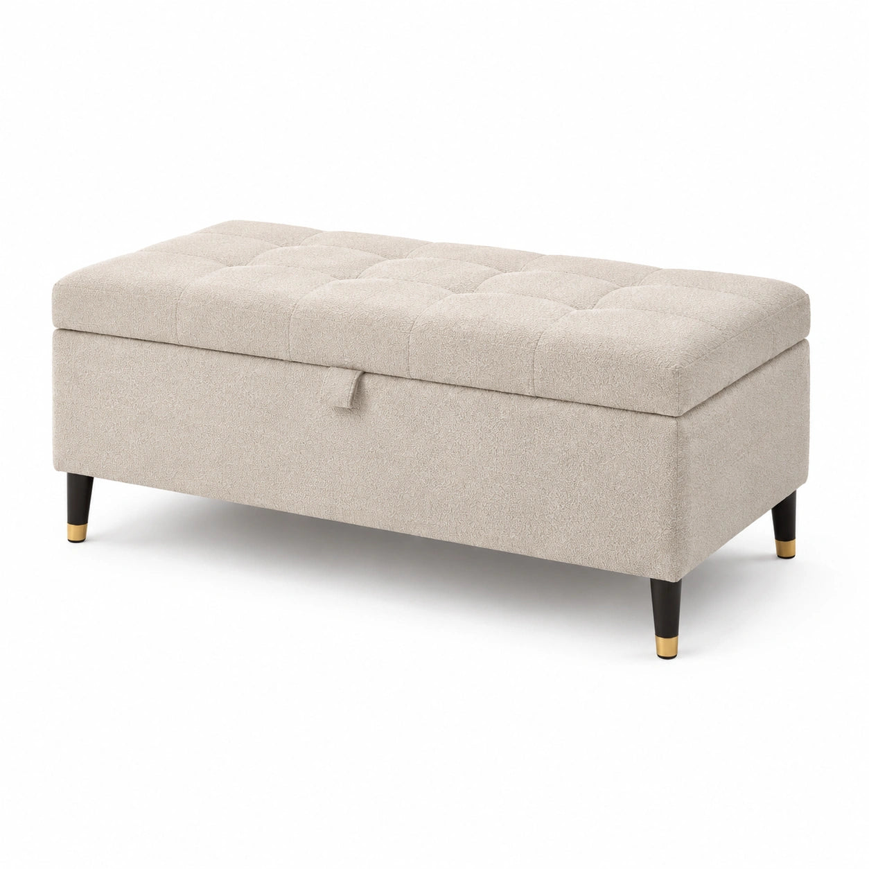Banc de rangement en textile beige avec pieds en bois