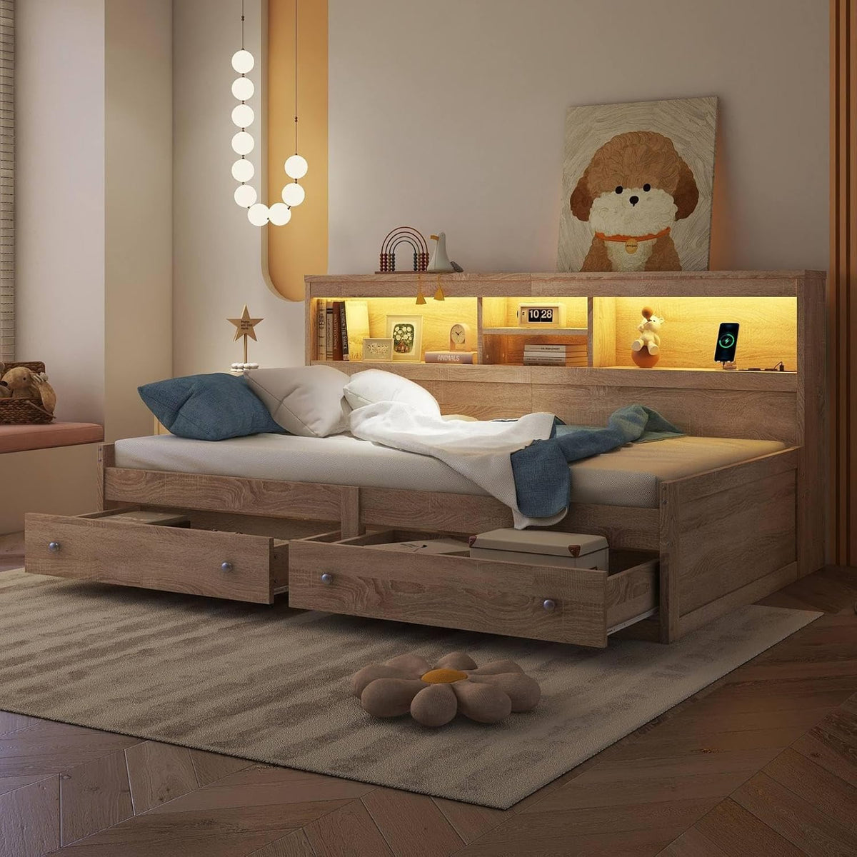 Lit KOMHTOM 90x200cm, 2 Prises USB et 2 Prises de Recharge, LED avec 2 Tiroirs de Rangement, 90 × 200cm, éclairage LED, réglable