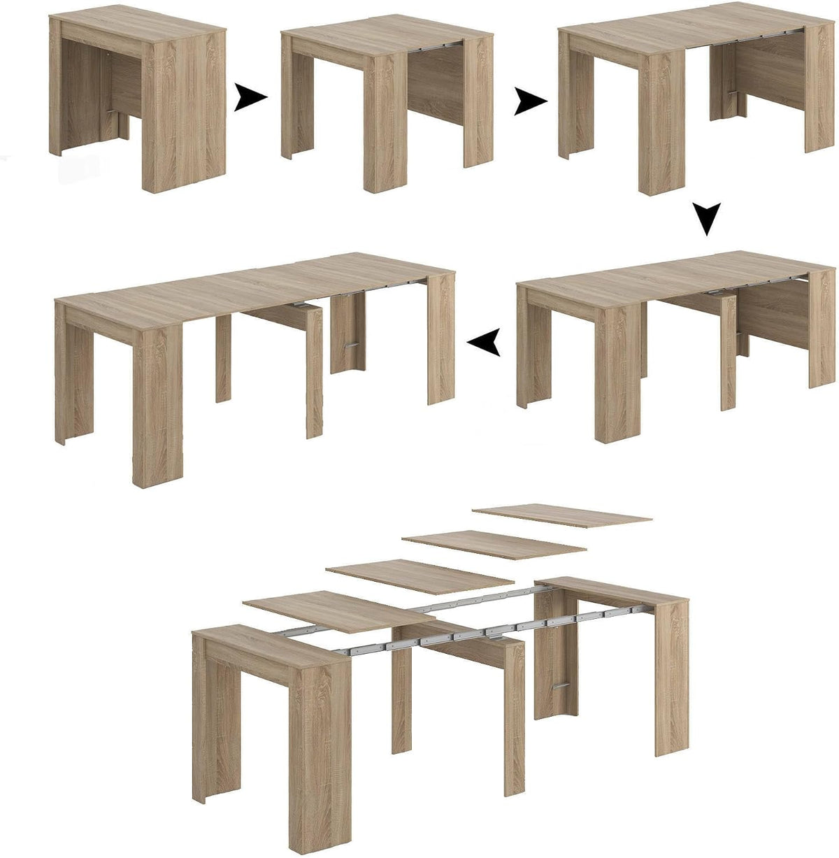 Console Dmora 237x90h78, Table avec rallonges polyvalentes extensible jusqu'à 10 places, 15 mm, 0, 6 mm, 25kg, Table à manger extensible, Chêne