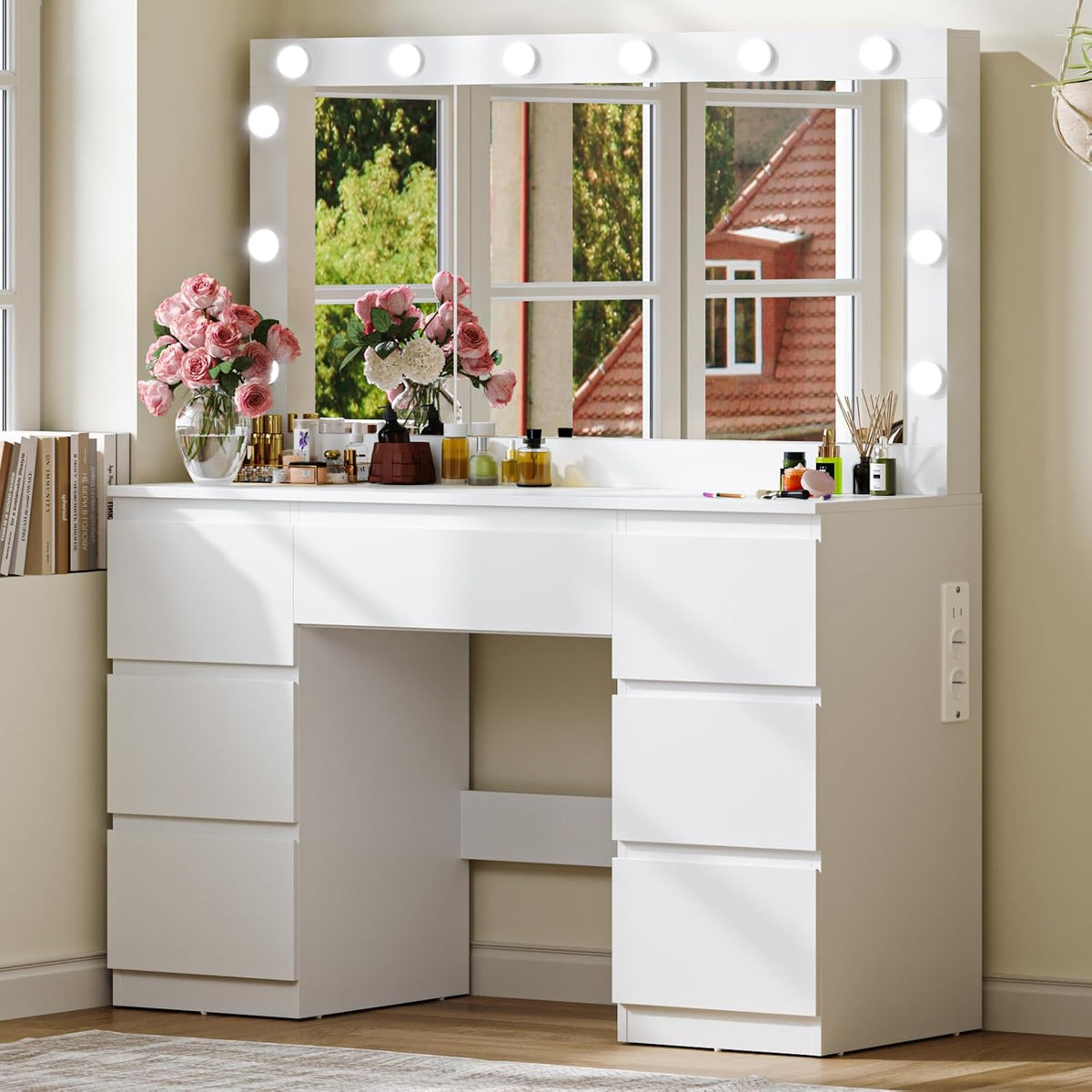 Coiffeuse JUMMICO 120x40x140cm, 3 modes, éclairage LED, 120 × 40 × 140cm, 7 Tiroirs, 105 × 50cm, Multiprise & 7 Tiroirs, réglable, Blanc