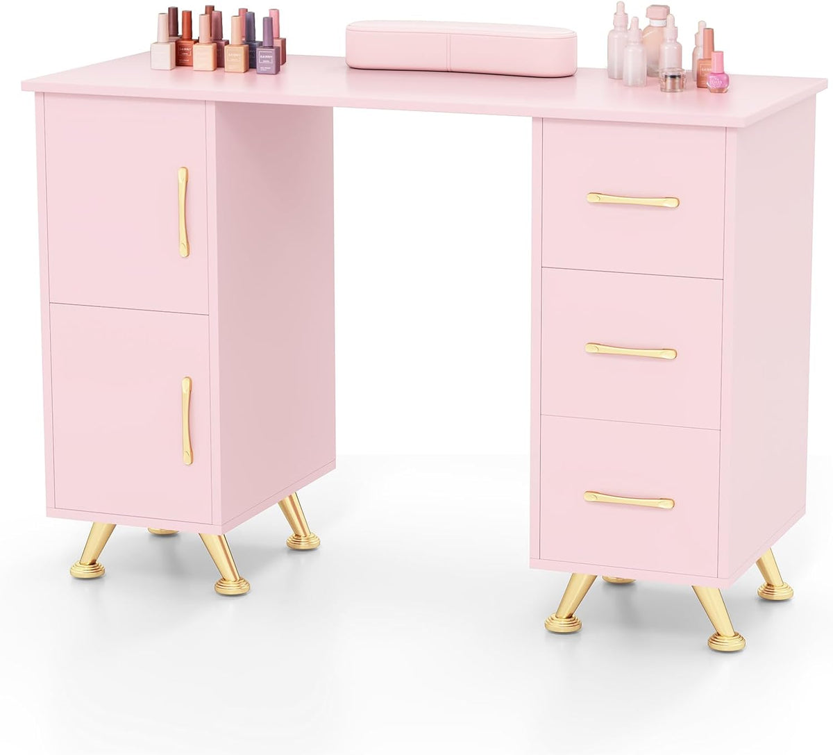 Table de manucure, 8 Pieds en Métal, 3 Tiroirs, avec Repose-Poignet, 2 en 1 Bureau et Table Ongulaire, GOPLUS, 2 Armoires, pour Salon de Beauté