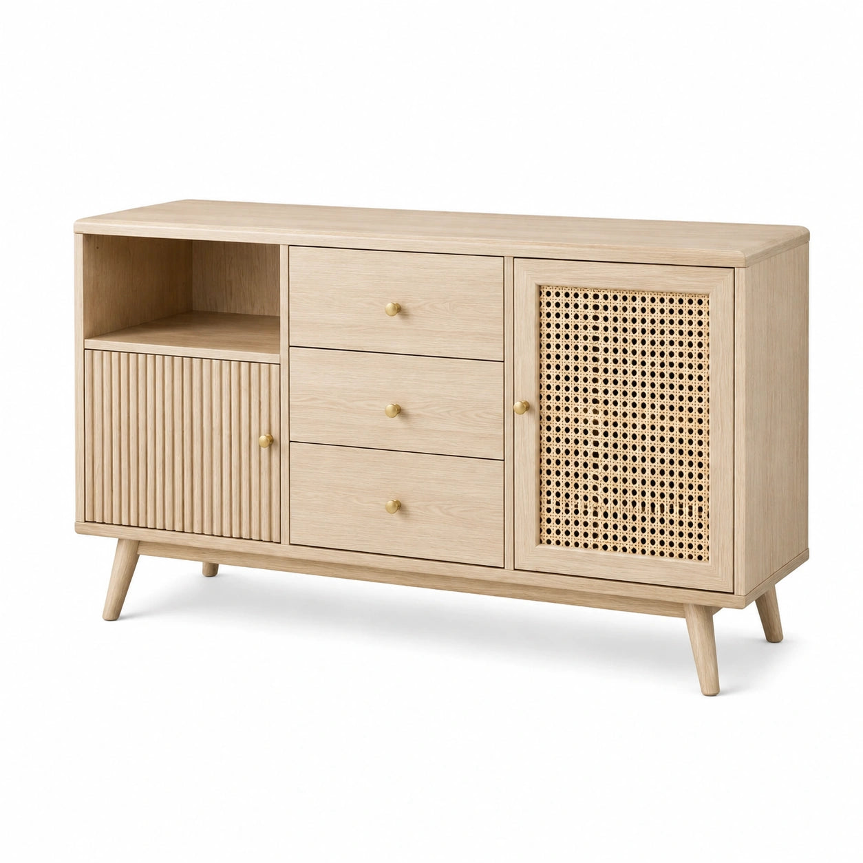 Buffet en bois clair et rotin avec tiroirs 150x45x75 cm