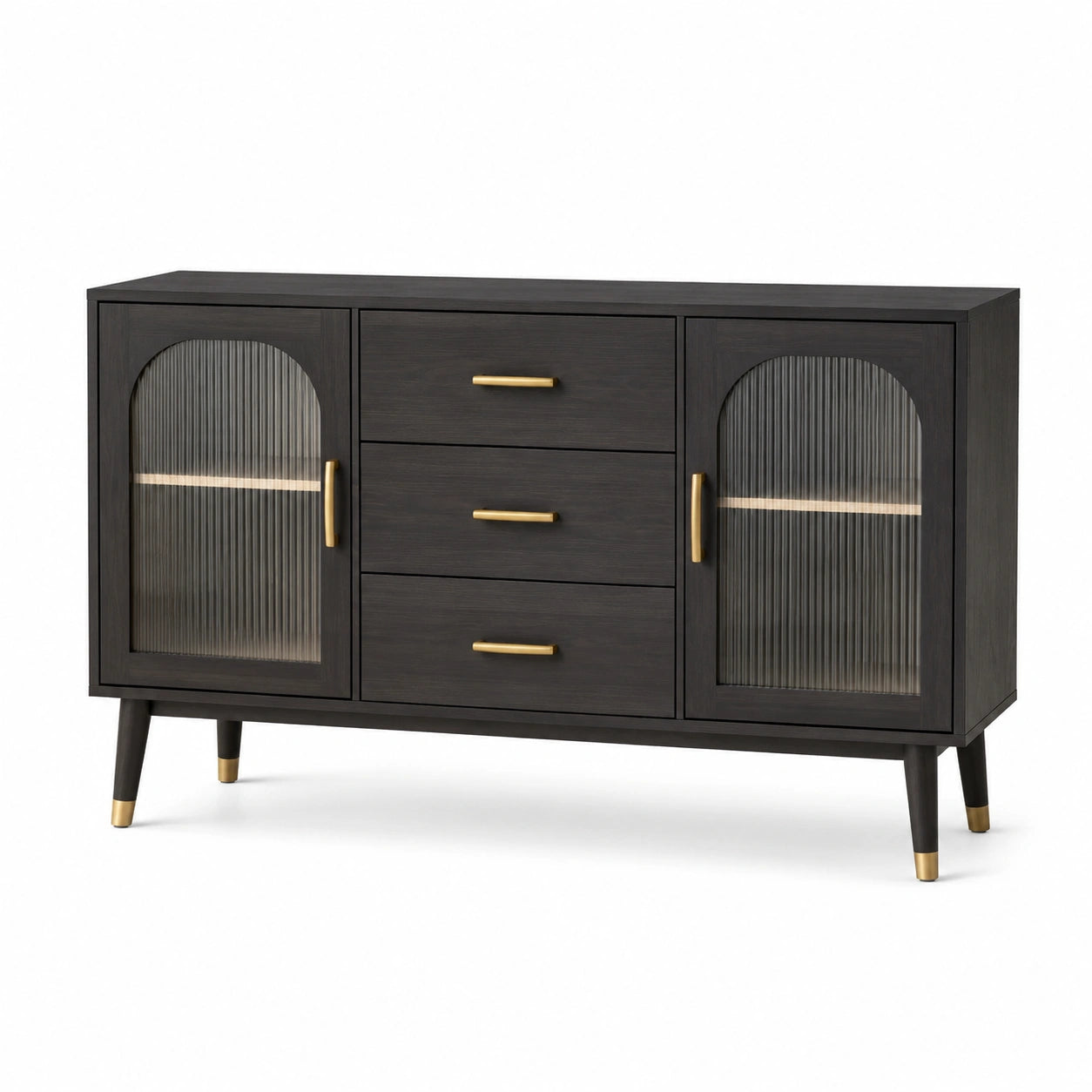 Buffet en bois noir avec portes en verre trempé cannelé et tiroirs