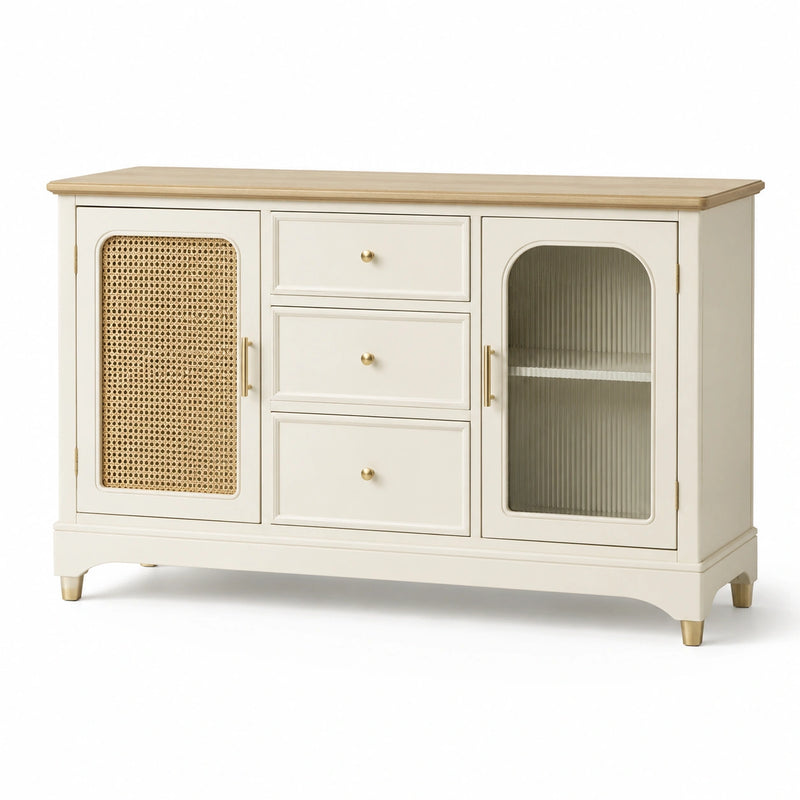 Buffet en bois, rotin et verre blanc 80x160x45 cm