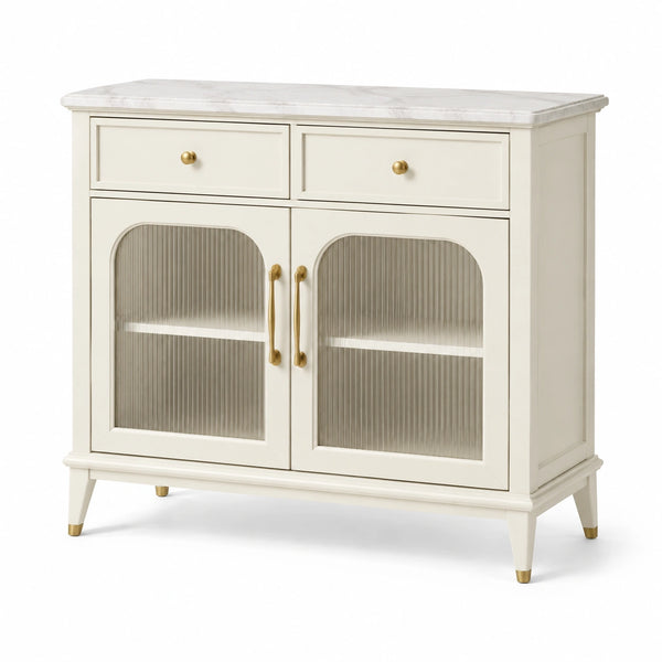 Buffet en bois crème avec dessus en marbre et portes en verre cannelé