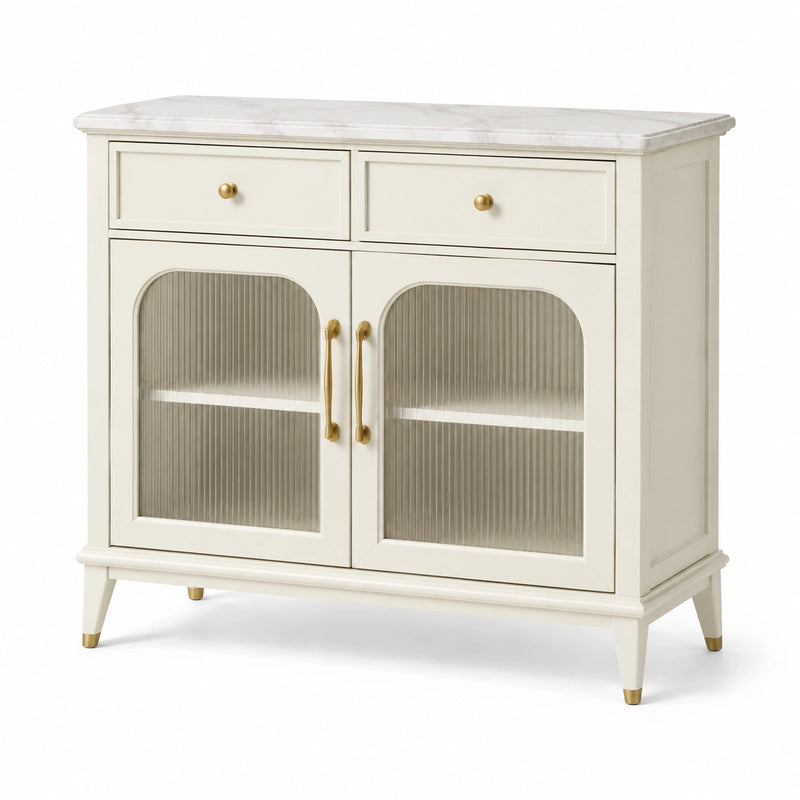 Buffet en bois crème avec dessus en marbre et portes en verre cannelé