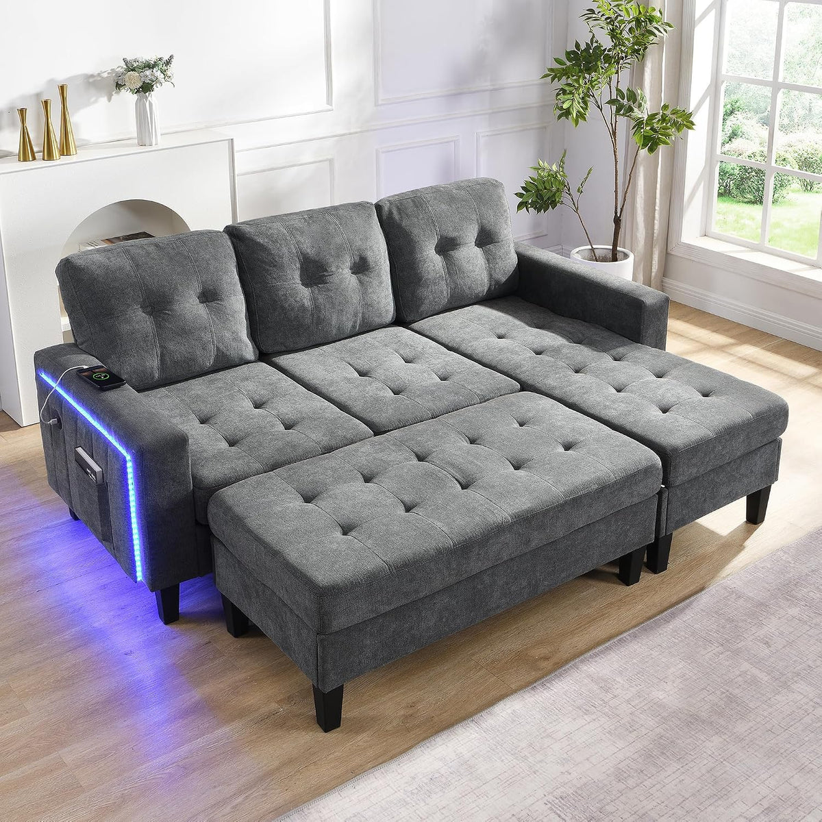 Canapé, 105 × 53 cm, éclairage LED, Merax, 156 × 115 cm, 44 cm, 13 cm, réglable, éclairage d'ambiance LED et USB, portable
