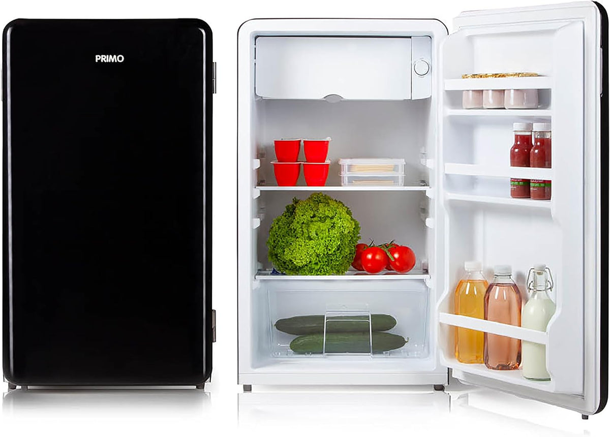 PRIMO PR151RKZ Réfrigérateur, verre, 93L, 2 étagères, 1 tiroir, Noir, pose libre