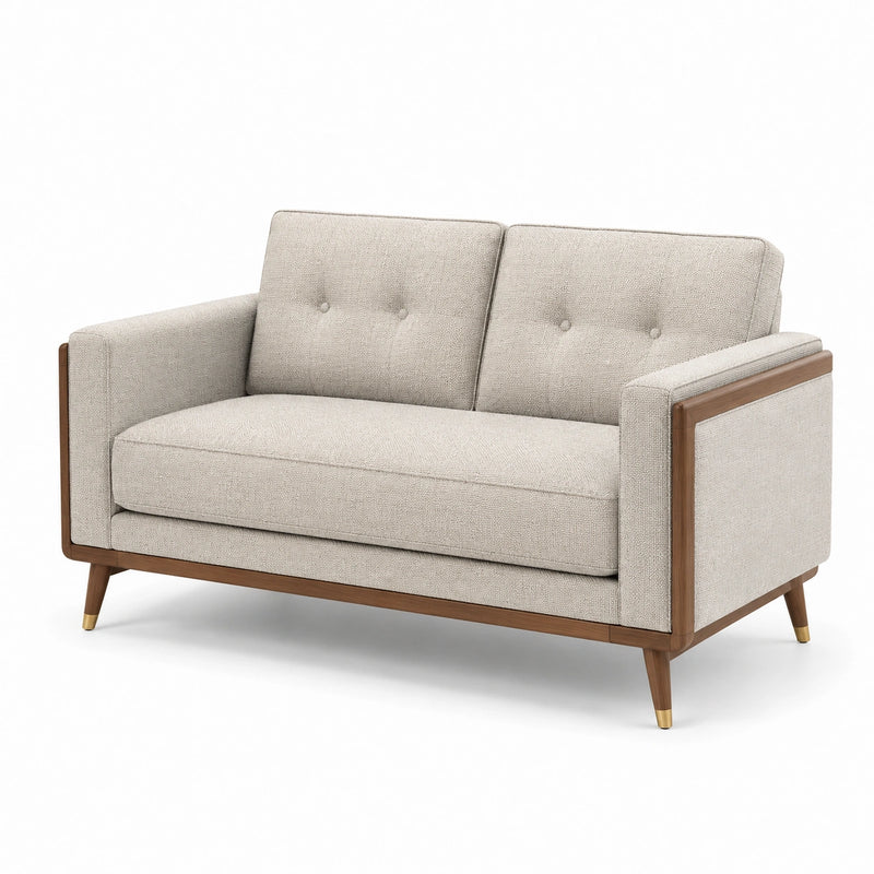 Canapé 2 places tissu polyester et bois noyer beige