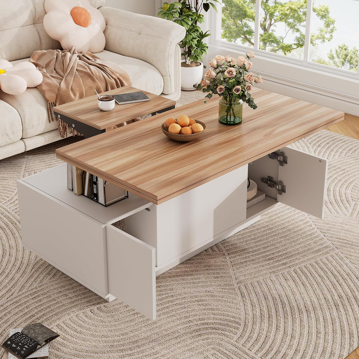 Table basse, 100 × 50 × 40 cm, télécommande, salon, HaoChrymec, blanc et naturel
