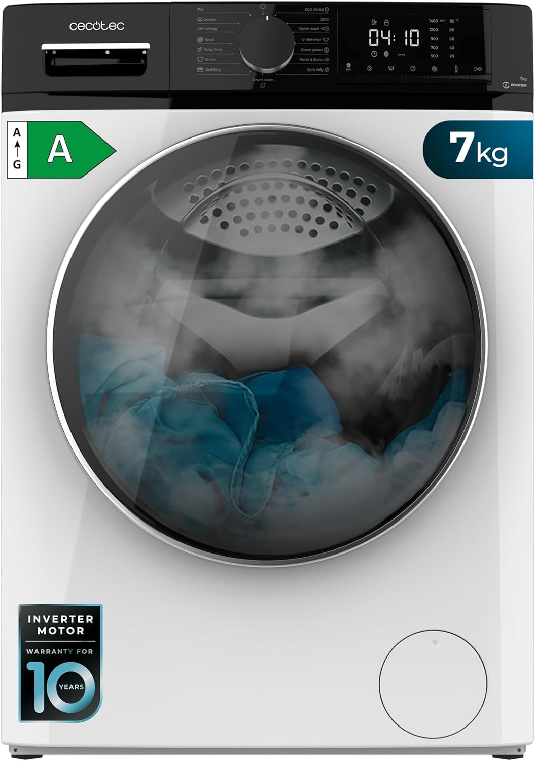 Cecotec Lave-linge, 1400 tr/min, Avec fonction vapeur, 7 Kg, Capacité de 7 Kg, Optimise le niveau d'eau et de lavage, 15 Programmes, Classe A