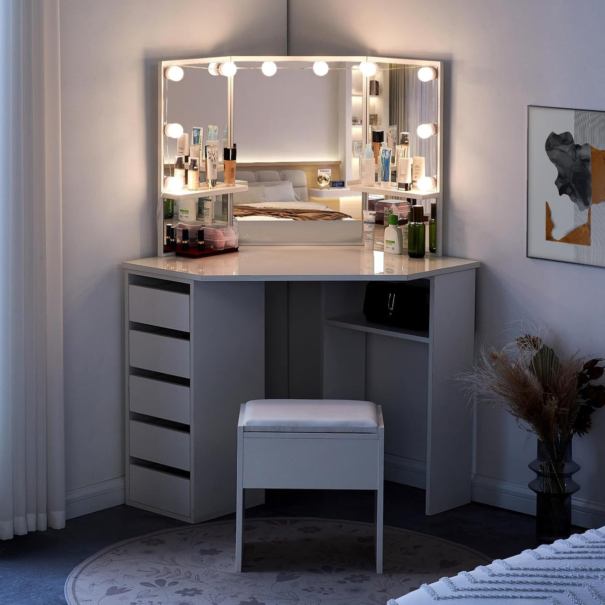Coiffeuse TUKAILAi, 5 Tiroirs, verre, éclairage LED, 3 étagères, 5 Tiroirs et Tabouret, réglable, Blanc