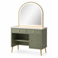 Coiffeuse en bois MDF vert avec miroir LED et pieds dorés