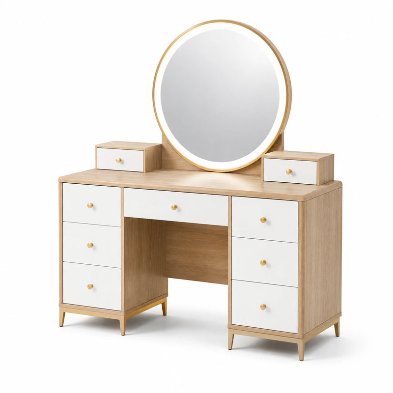 Coiffeuse en bois avec miroir rond et tiroirs, chêne et blanc