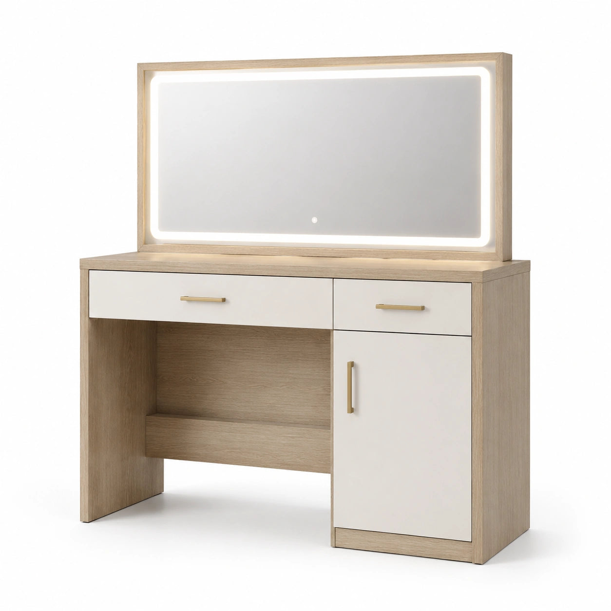 Coiffeuse en bois clair et MDF blanc avec miroir LED intégré