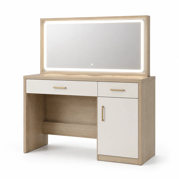 Coiffeuse en bois clair et MDF blanc avec miroir LED intégré