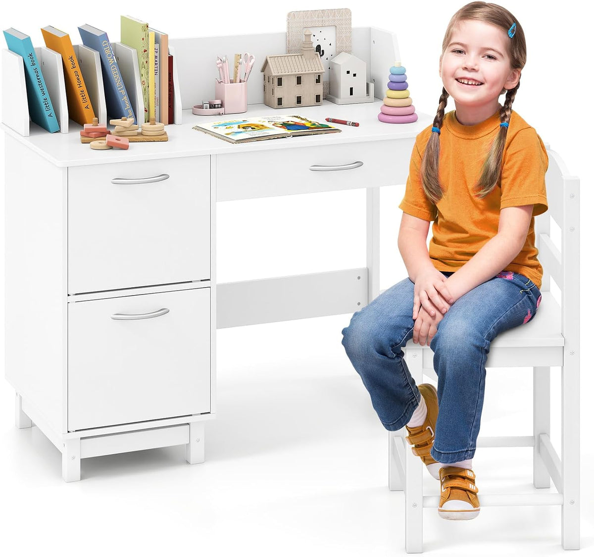 COSTWAY Bureau, Table d'Étude en Bois avec 2 Placards & Tiroir, 90 × 45 × 81 cm, Table et Chaise pour Dessiner Lire, 35, 5 × 34 × 69 cm