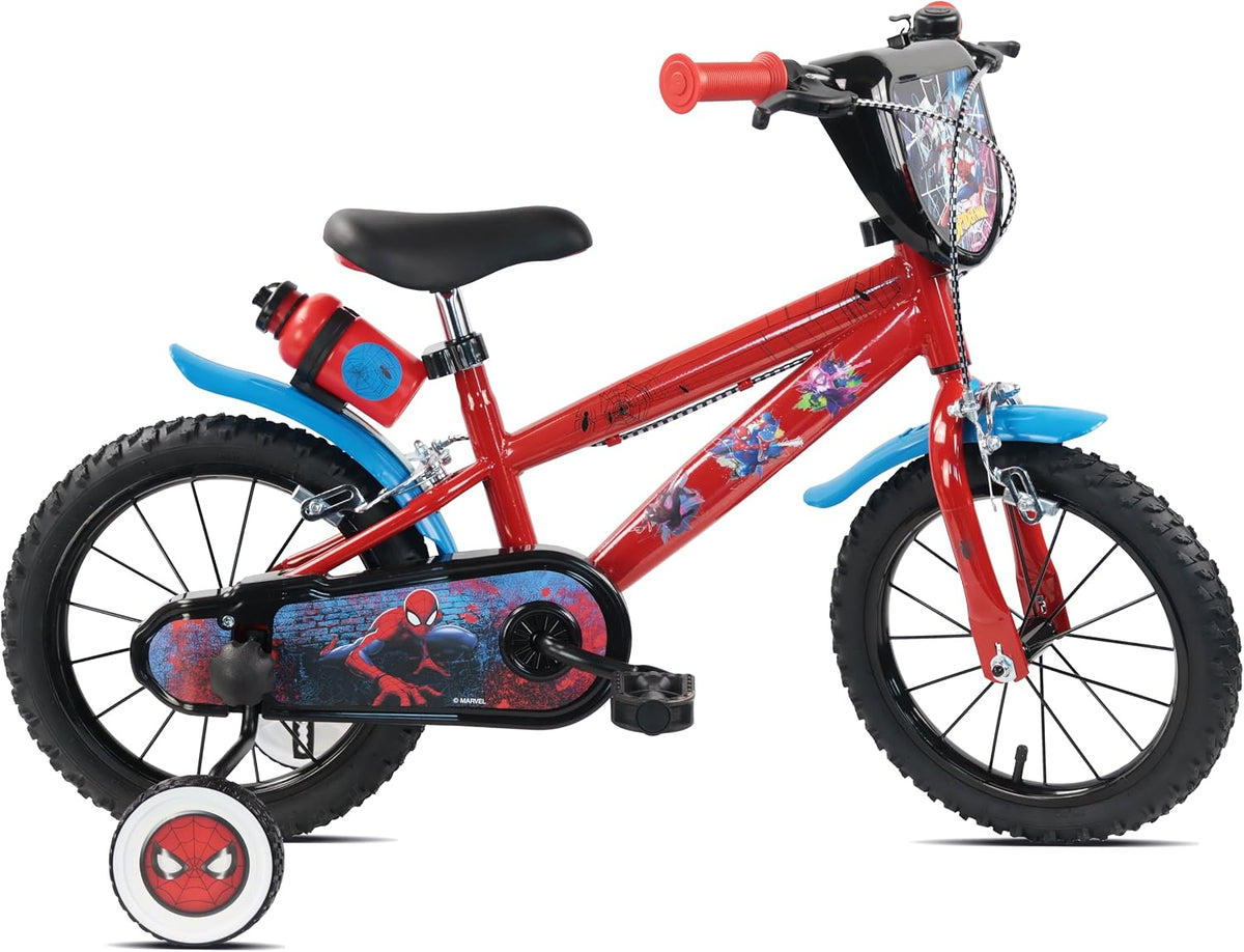 VTT, 14 Pouces, Vélo ATLAS, Velo 14 Pouces Spiderman équipé de 2 Freins, Plaque Avant décorative, bidon arrière, Roues à Rayons, pneus gonflables