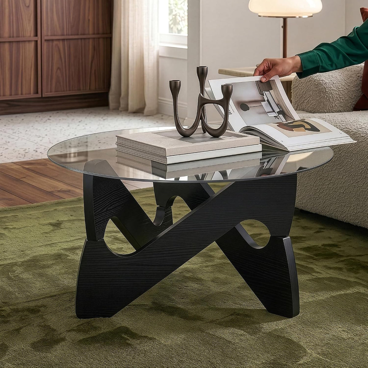 Table basse en.casa, télécommande, Ø70 × 35 cm, verre