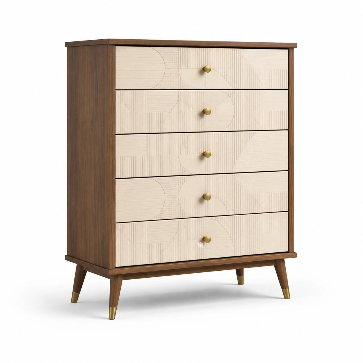 Commode en bois de noyer avec 5 tiroirs et poignées en laiton