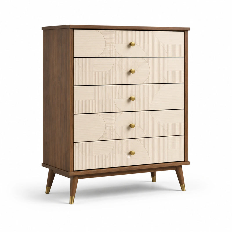 Commode en bois de noyer avec 5 tiroirs et poignées en laiton