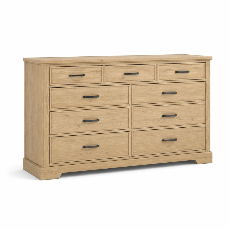 Commode en Bois de Chêne Clair avec 9 Tiroirs et Poignées Métalliques