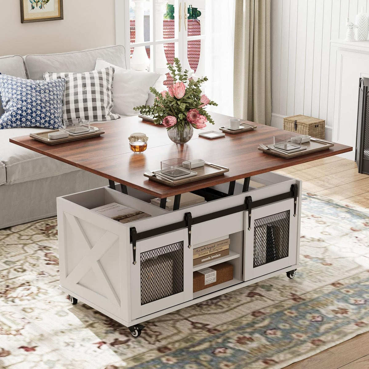 Table basse, 41, 3 pouces, VOWNER, 108L, 105W, 2 étagères, 2 portes, portable, Noyer