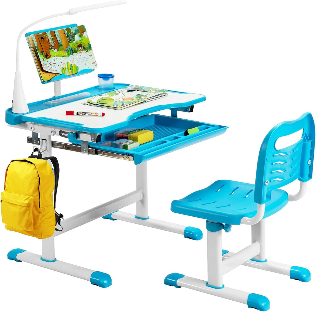 Bureau, Charge 80/100kg pour 6-12 Ans, Table et Chaise Enfant avec Hauteur Réglable & Éclairage à 3 Niveaux, COSTWAY, 71 × 38 cm, 78 cm, Tiroir