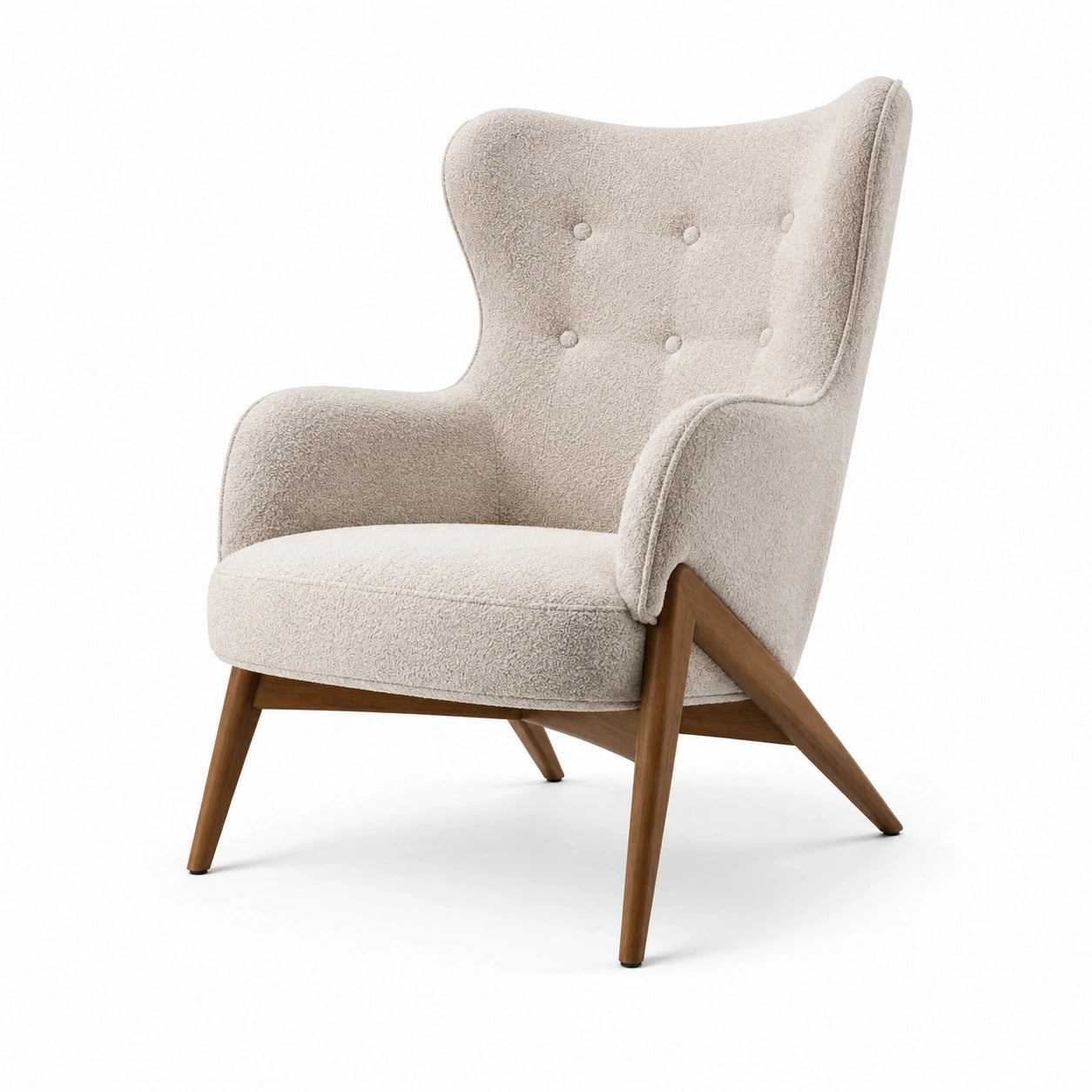 Fauteuil en bois et tissu bouclé beige