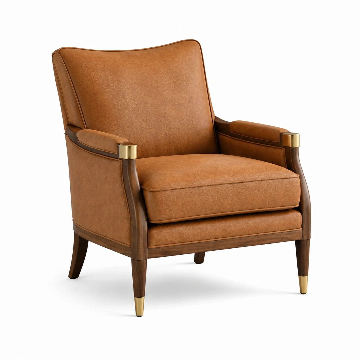 Fauteuil en cuir avec accoudoirs en bois massif et détails métalliques dorés