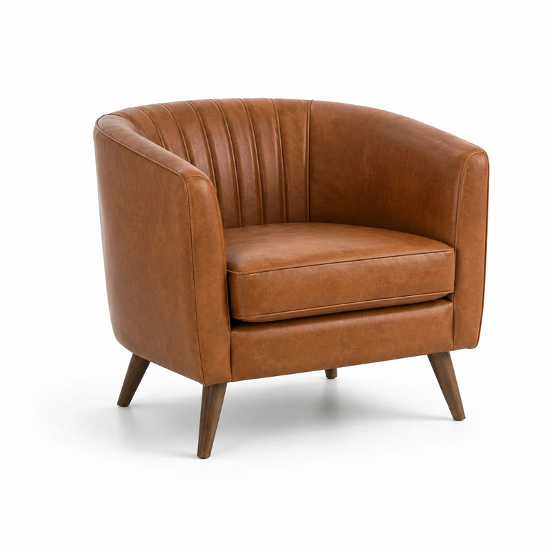 Fauteuil en cuir synthétique marron avec pieds en bois
