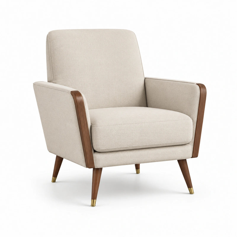 Fauteuil en bois de noyer et tissu polyester beige