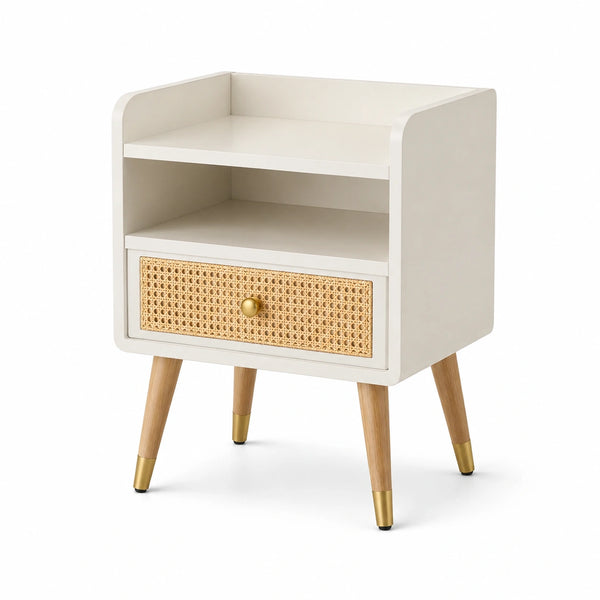 Table de chevet en bois blanc et rotin tissé avec pieds en chêne