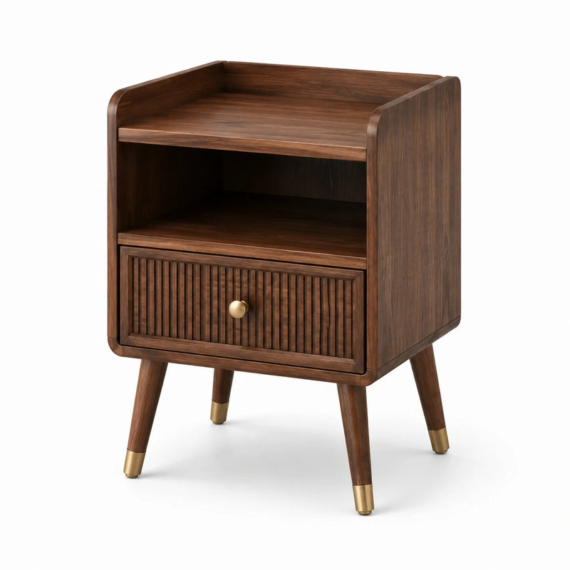 Table de chevet en bois avec tiroir en noyer et étagère