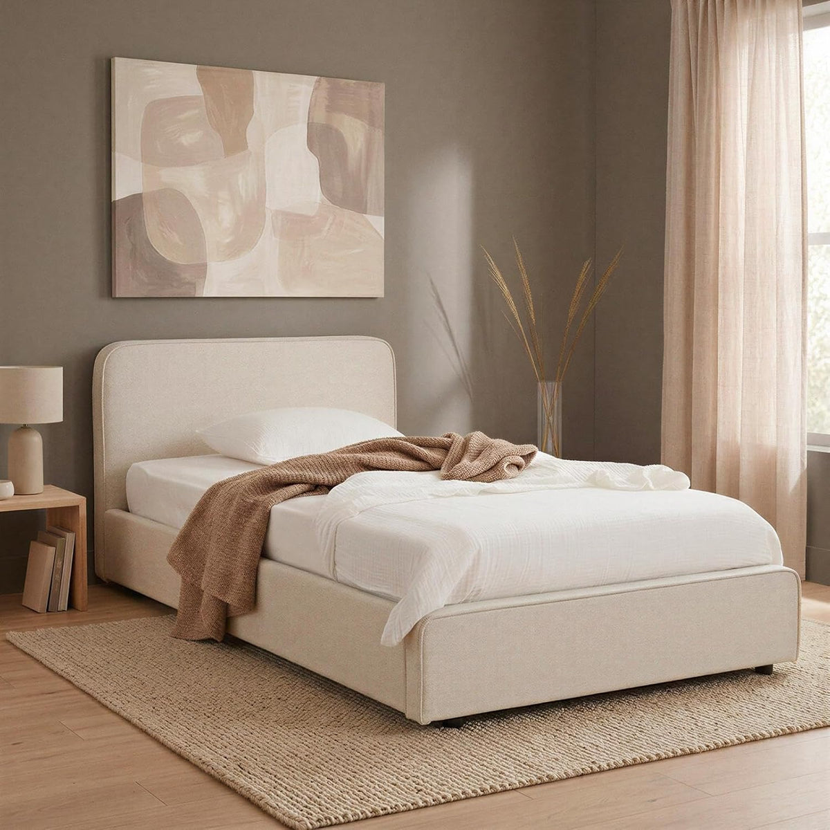 Lit IDIMEX 90x190, 90 × 190 cm, Revêtement en Tissu, 205 × 72 × 99 cm, 72 cm, Blanc crème