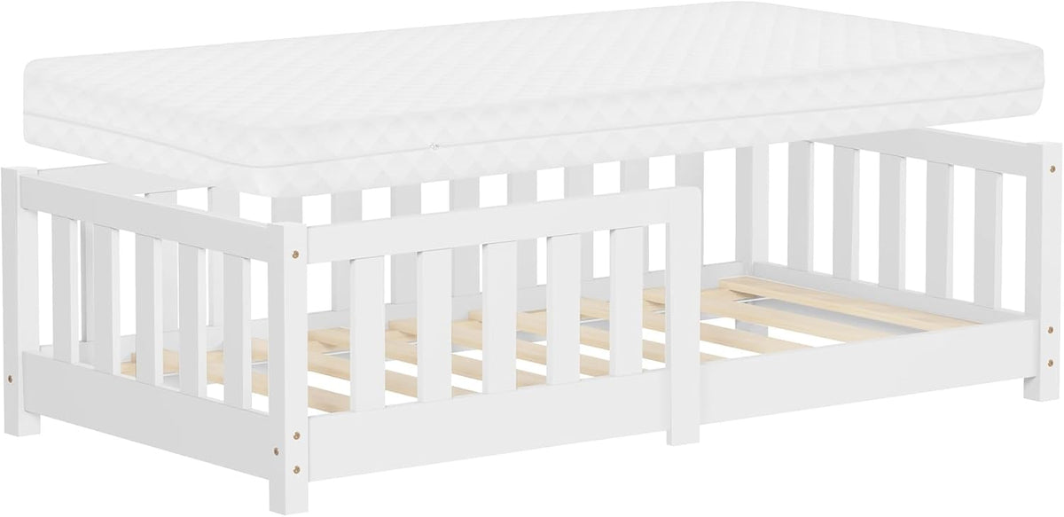 Lit, Cadre en Bois de Pin Massif, 70 × 140 cm, pour Garçons & Filles, ML DESIGN modern living, Sommier à Lattes et Barrière Protection Anti-Chute