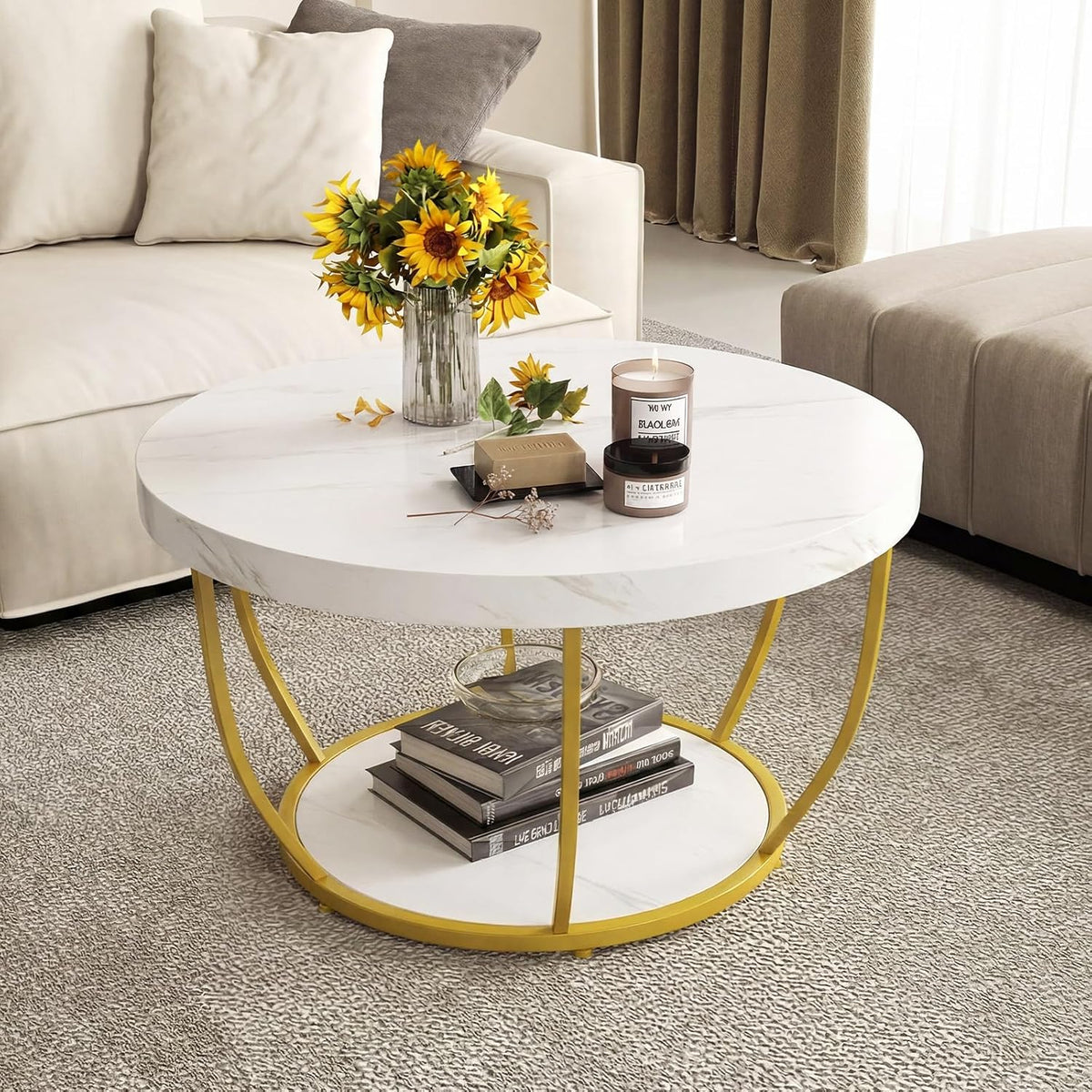 Table basse COSTWAY, 80 cm, réglable, verre, 2 Niveaux, Blanc, portable, Cadre en Métal Doré, Design Ronde, Plateau Épaissi, Moderne