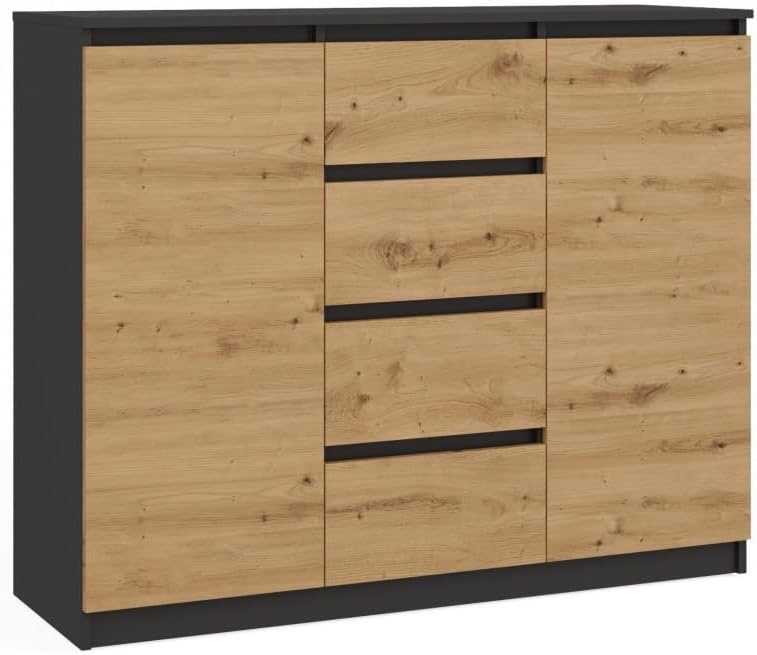 Commode, 120 × 40 × 97 cm, CDF, 16 mm, 120 cm, 2 Portes, 4 Tiroirs, Chêne Artisan/Anthracite