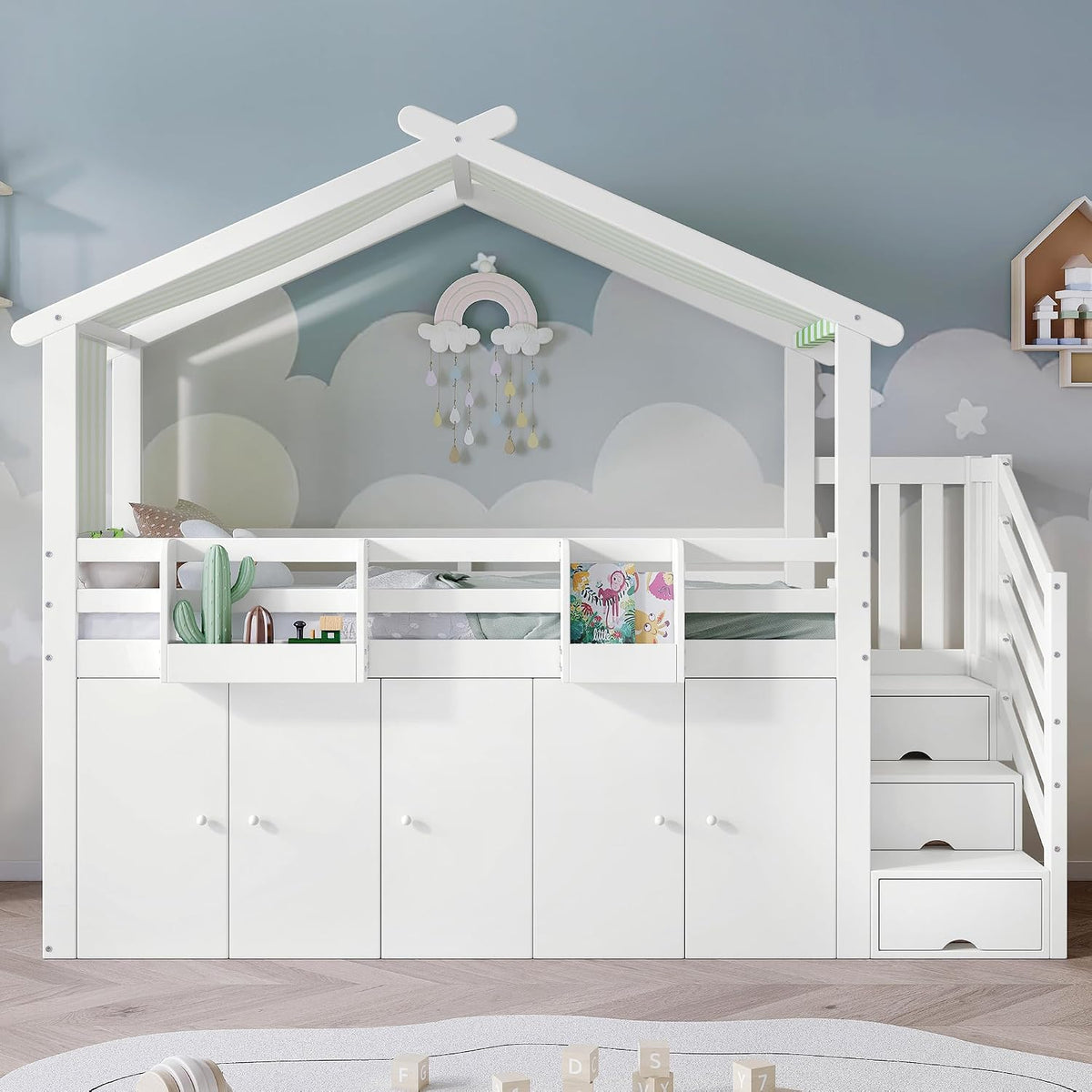 Lit Huayz, tissu rayé, avec 3 casiers dans l'escalier, 90 × 200 cm, 263 × 95 × 213, 5 cm, 1 armoire et 2 casiers, blanc + vert