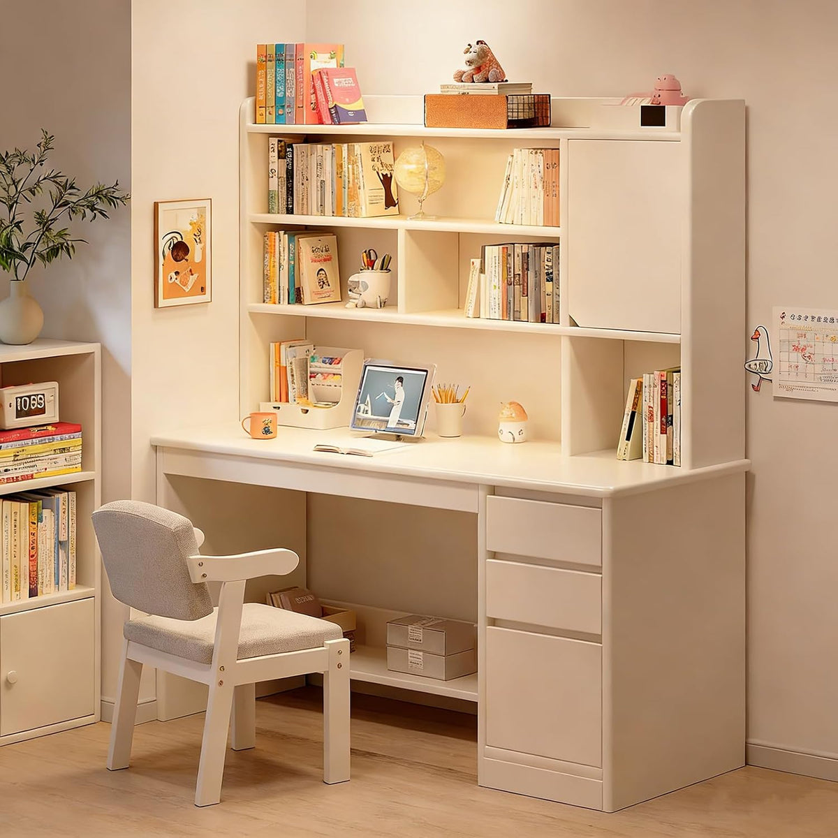 ZHFASDS Bureau, Table D'étude Moderne avec étagère De Rangement, 120 × 45 × 165cm, Couleur:Blanc