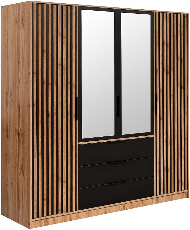 Armoire, 196 cm, avec Miroir, Vente-unique, 200 cm, 58 cm, 209 cm, 66 cm, 205 cm, 199 cm, 56 cm, 12 cm, L196, 4 Portes, 3 tiroirs, LIRMADA