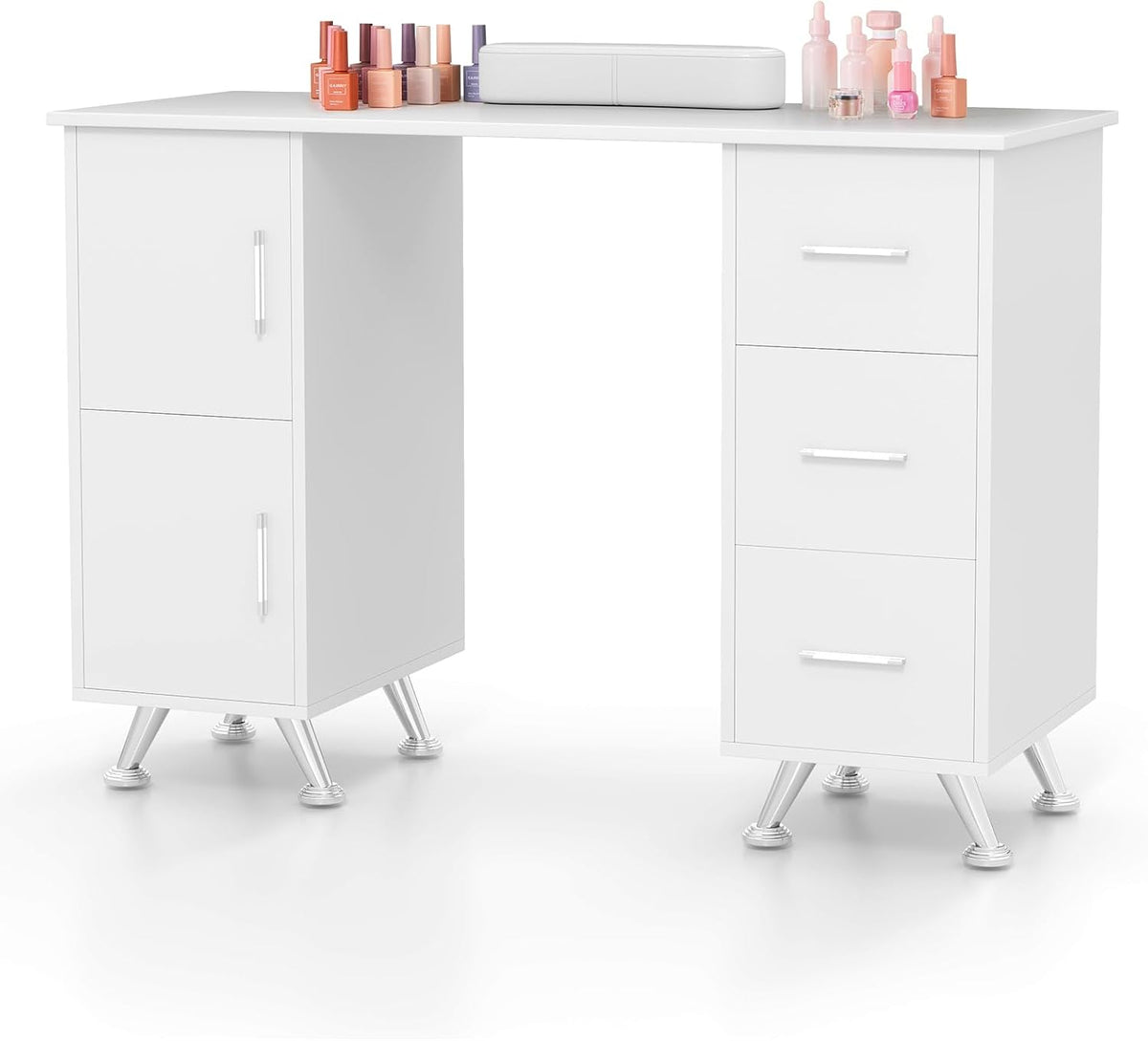 Table de manucure, avec Repose-Poignet, 3 Tiroirs, 8 Pieds en Métal, 2 en 1 Bureau et Table Ongulaire, GOPLUS, 2 Armoires, Blanc